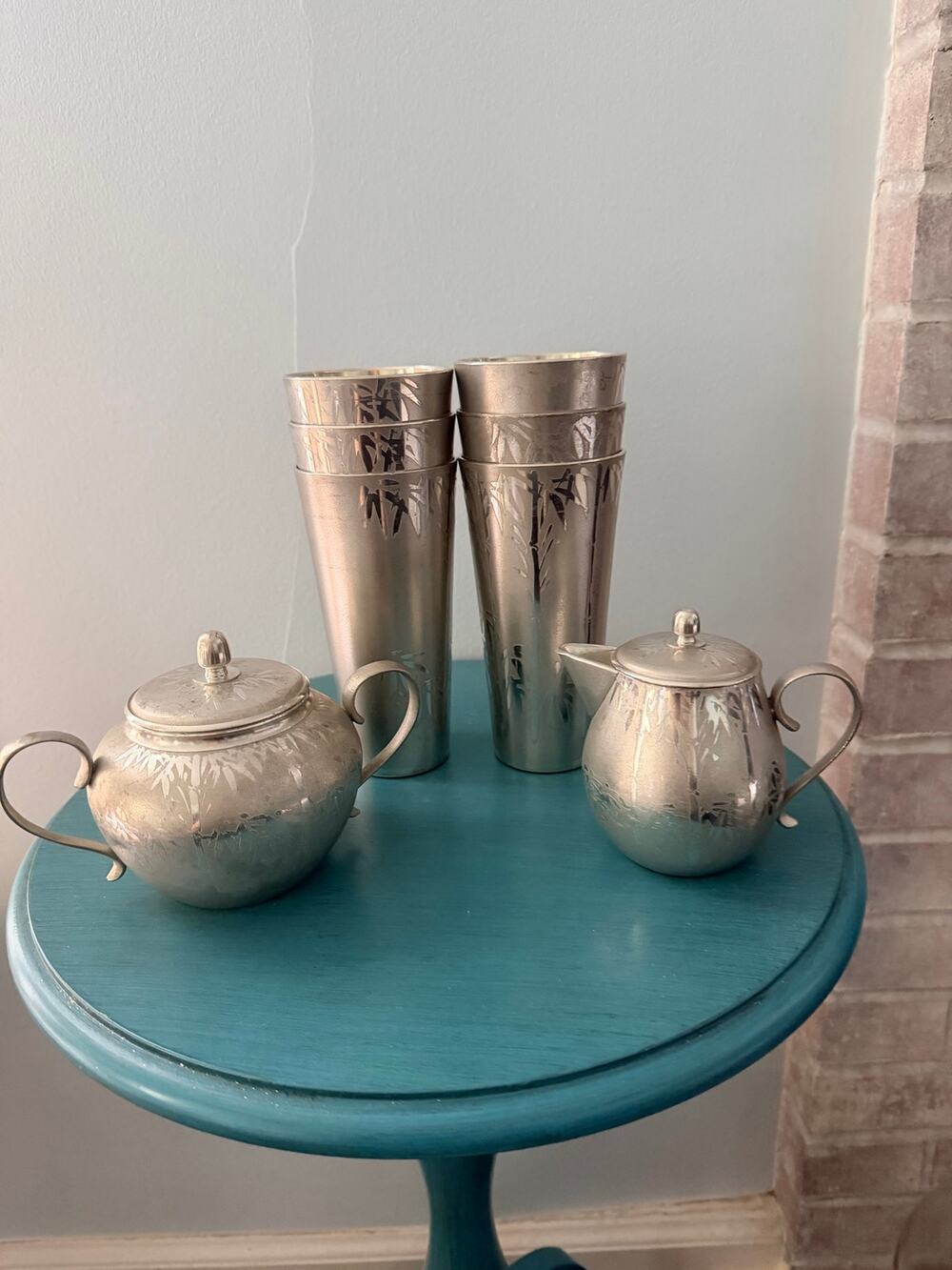 Rare Vintage 8-Piece Mid-Century Modern Jin Pewter Serving Set Bamboo
Pattern